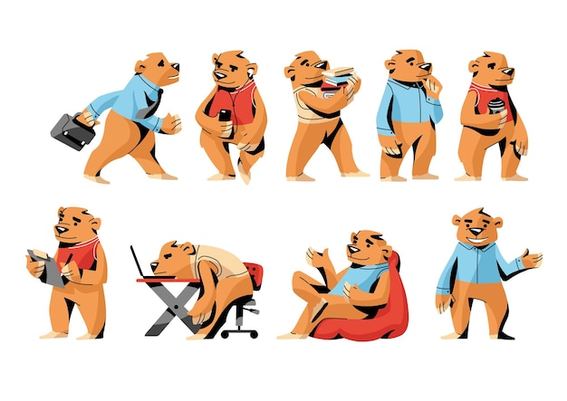 Набор офисного бурого медведя, забавного персонажа в разных повседневных ситуациях