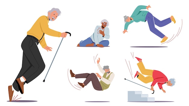 Набор стариков спотыкается, старший мужской и женский персонаж падает на землю из-за скользкой дороги, неуклюжести или проблем со здоровьем, изолированных на белом фоне. мультфильм векторные иллюстрации