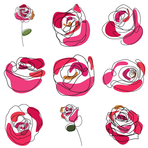 最小限のデザインの植物のバラの花の1つのラインアートのセット