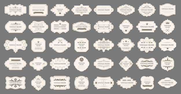 장식용 레이블 빈티지 프레임, 형태 및 모양의 집합입니다. 벡터 상징 장식 카드, 화려한 럭셔리 디자인 태그 그림