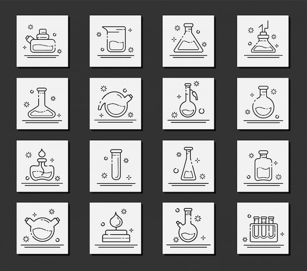 概要アイコン-実験室のフラスコ、科学実験用試験管のセット。化学実験室