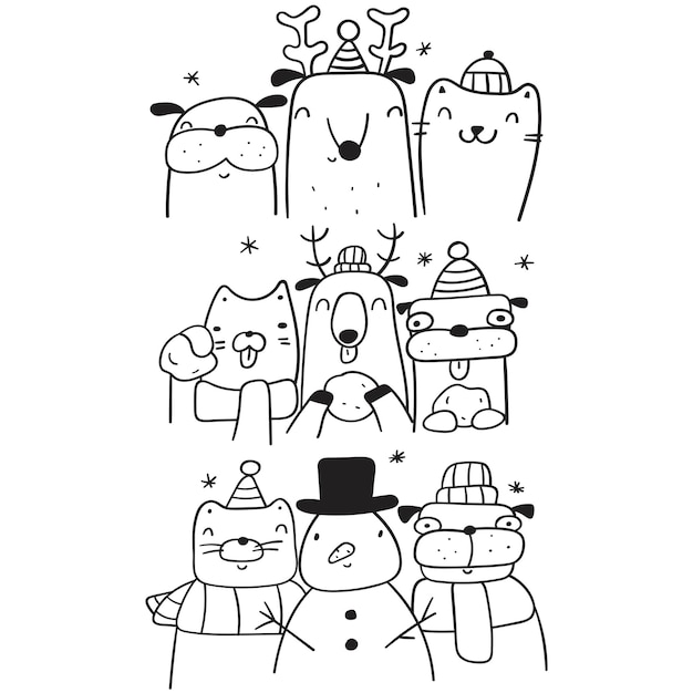 Набор набросков иллюстраций. кошка, собака, северный олень, снеговик. дружба. рождественская концепция. вектор