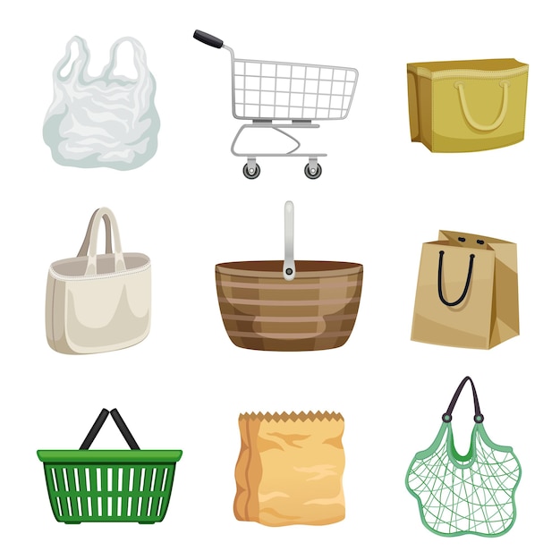 Набор бумажных и пластиковых пакетов для покупок, тележка на колесиках и авоська