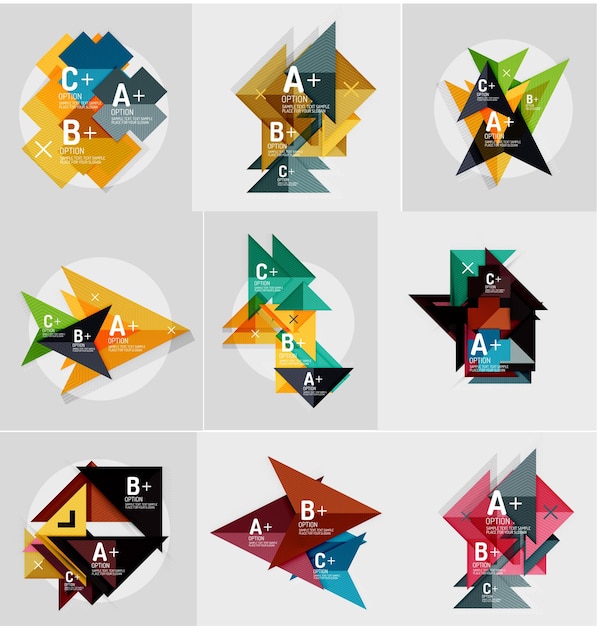 Набор геометрических баннеров в стиле бумажного дизайна с образцами текстовых инфографических элементов