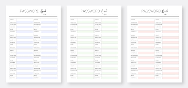 Вектор Набор шаблонов минималистичных страниц планировщика для отслеживания паролей. журнал паролей для печати.