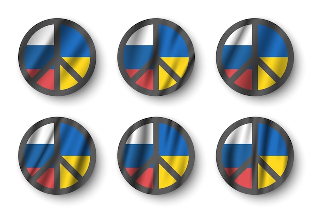러시아와 우크라이나 깃발을 흔들며 평화 상징 세트 핵 군축 캠페인 Cnd 서명 평면 디자인 평화주의자와 전쟁 개념 없음 벡터 일러스트 레이 션