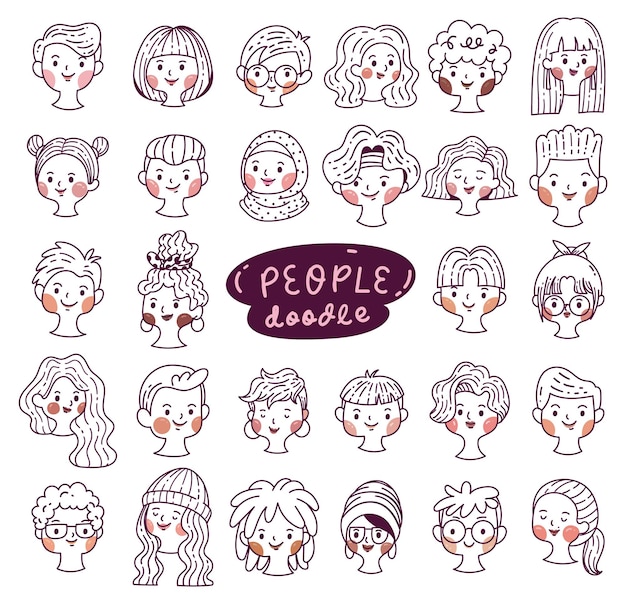 Набор аватаров людей, нарисованных вручную различными лицами в стиле мультяшных каракулей векторная иллюстрация