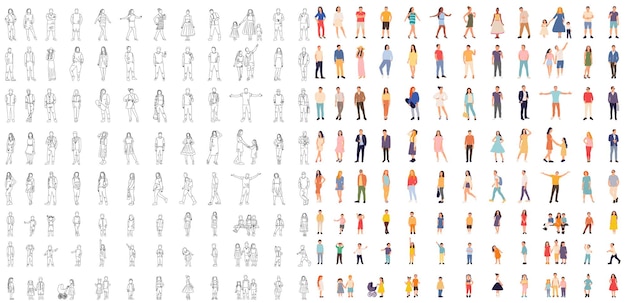 Вектор Набор людей в плоском стиле и набор эскизов людей на белом фоне вектор