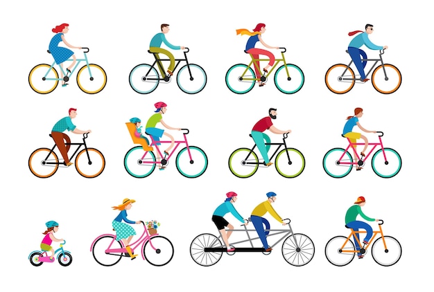Набор людей, катающихся на велосипедах