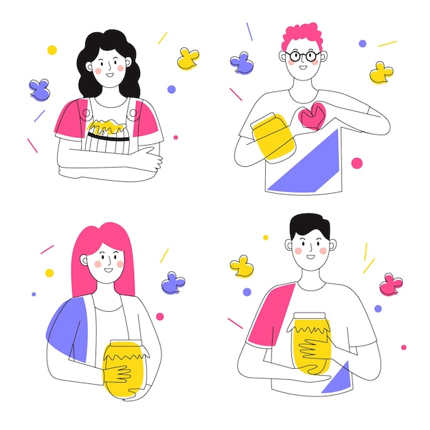 Набор людей с банкой меда контурная векторная иллюстрация с красочными акцентами