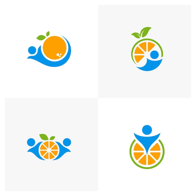 Набор людей с современной векторной иллюстрацией логотипа свежего апельсина шаблон дизайна логотипа fresh orange slice