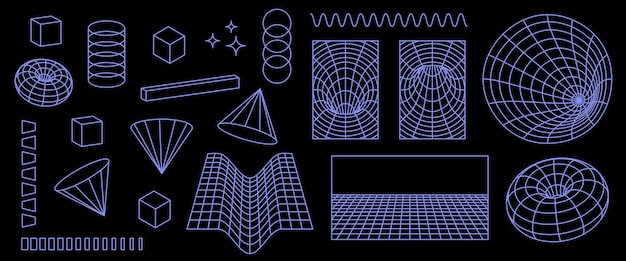 네온 파란색 색상의 원근감 격자 세트, 원뿔, 지구본, 도넛, 큐브의 3d 와이어프레임 구조 모양