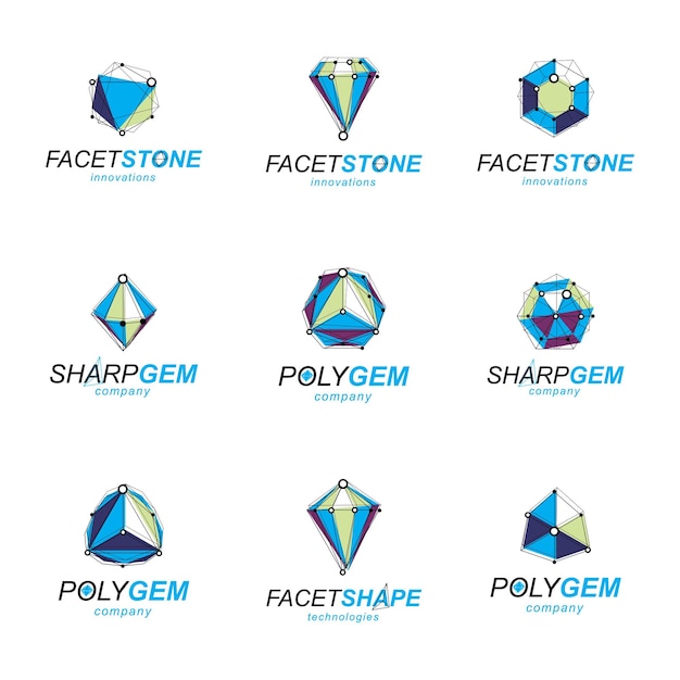パースペクティブテクノロジー形状のセット、多角形のワイヤーフレームオブジェクトコレクション。ダイヤモンドのデザイン要素のコレクション。