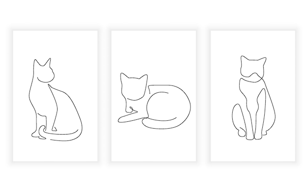 로고 디자인을 위해 그린 애완 동물 및 고양이 라인 아트 연속 선 손 세트