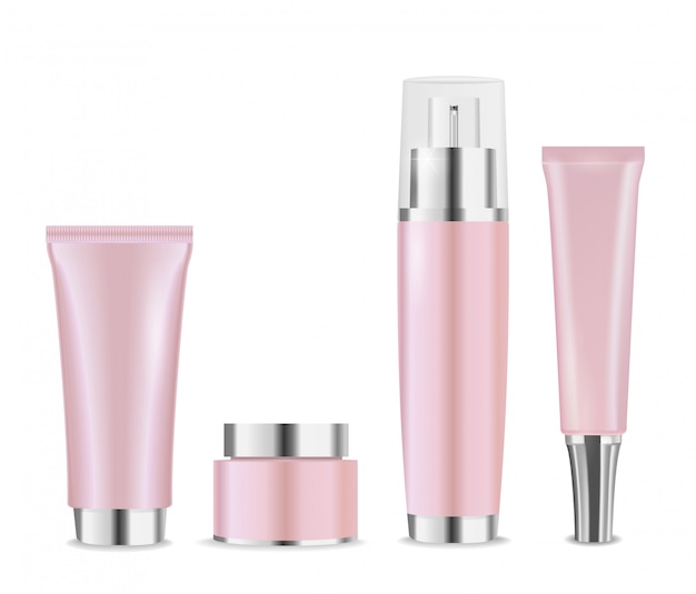 Вектор Набор розовых косметических пакетов с серебряными колпачками для крема, лосьона или увлажняющего крема.