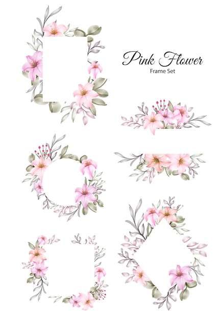 ピンクの花の水彩フレームコレクションのセット