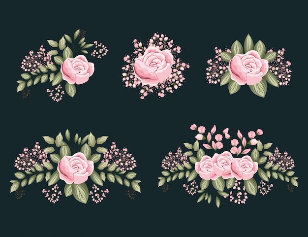 Набор розовых розовых цветов с росписью листьев