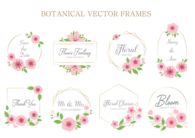 Вектор Набор розовых сакура ботанических рамок с текстом для свадьбы векторные иллюстрации.