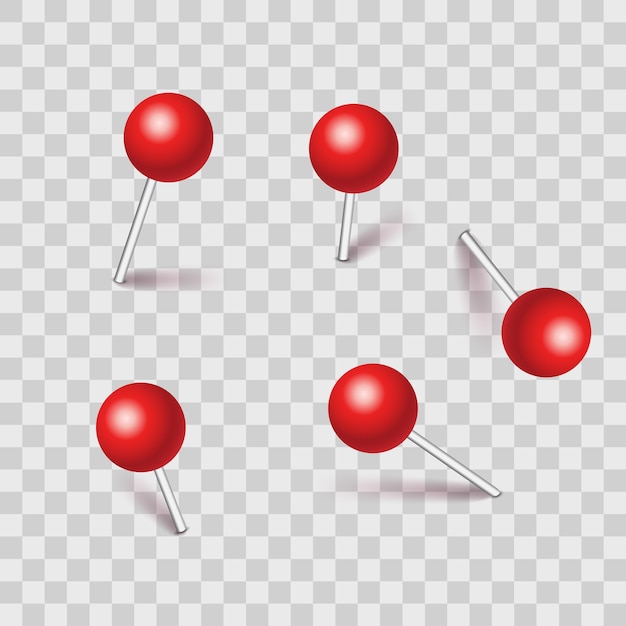 벡터 플라스틱 압정 세트; 투명 한 배경에 고립 된 그림자와 핀.