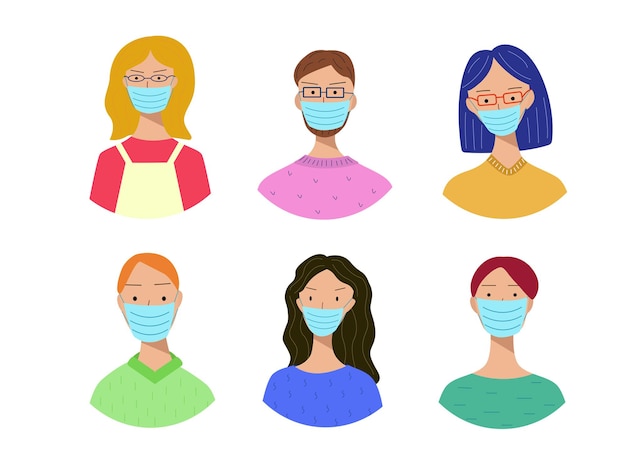 Набор портретов людей разных мужчин и женщин в медицинских масках на лицах.