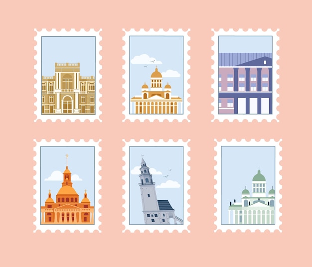 Вектор Набор почтовых марок с архитектурными постройками