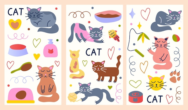 ベクトル 猫のポスターセット この画像は猫や他の要素で飾られた3つのポスターを展示しています