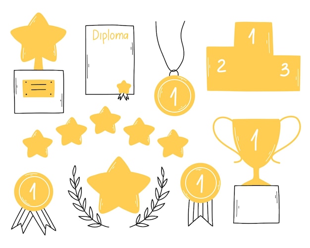 Вектор Набор икон премиальных наград в стиле doodle векторная иллюстрация линейные награды трофеи кубки и дипломы