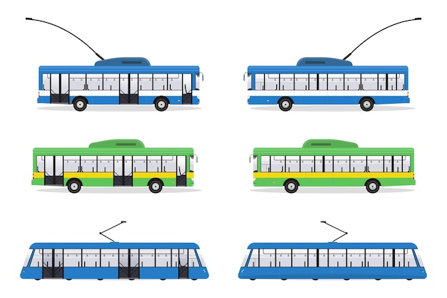 Вектор Набор общественного транспорта с трамвайным автобусом, троллейбусом, изолированной векторной иллюстрацией