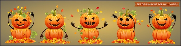 Набор тыкв на хэллоуин с осенними листьями. векторная иллюстрация
