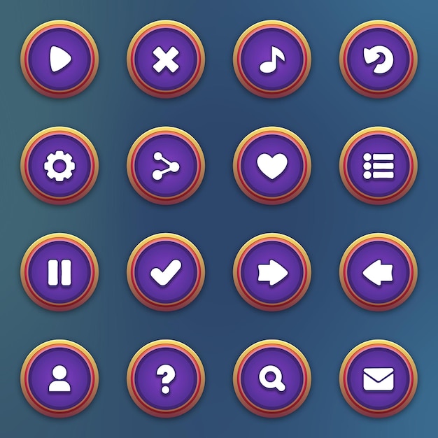 벡터 모바일 게임에 대한 보라색 버튼 세트 게임 보라색 인터페이스 만화 ui 버튼 설정 ui 요소