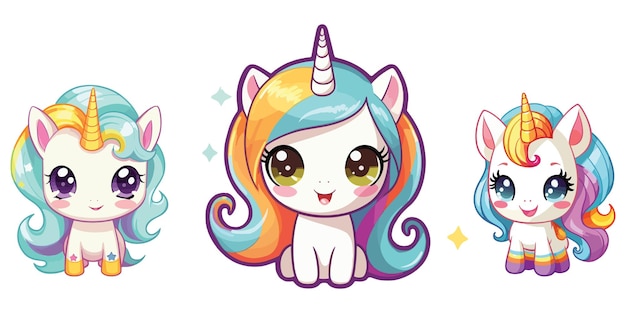 Набор иллюстраций rainbow kawaii baby unicorn vector art