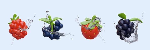 Вектор Набор реалистичных ягод с чистыми брызгами воды малины черника клубники черники