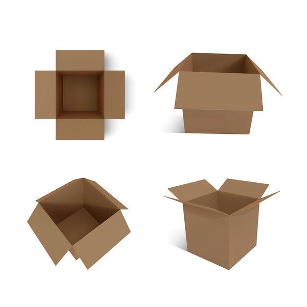Набор реалистичных картонных коричневых коробок доставки с тенью на белом фоне. векторная иллюстрация.