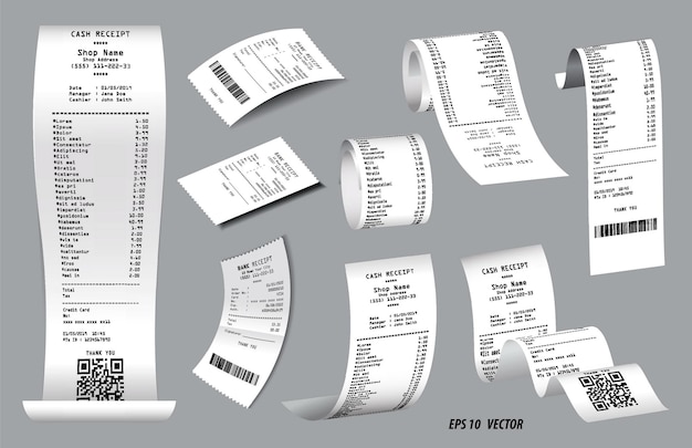 Вектор Набор реалистичных изолированных кассовых чеков или распечатанных кассовых чеков