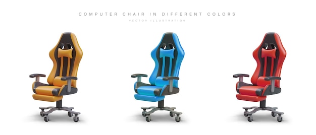 벡터 다양한 색상의 현실적인 컴퓨터 의자 세트 인체공학적 게이머 가구