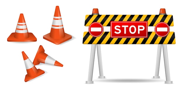 Набор реалистичных конусных изолированных дорожных знаков или знаков безопасности дорожных работ, указывающих на аварию или красную полоску