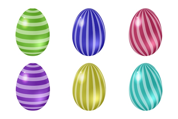 Набор реалистичных пасхальных яиц, ярких крашеных яиц с полосатым орнаментом. 3d глянцевые элементы для праздничного декора