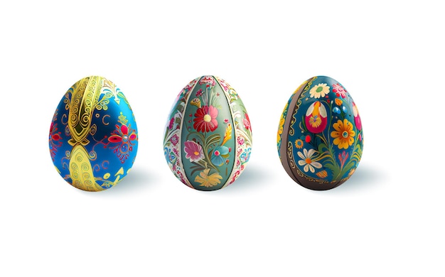 Набор реалистичных пасхальных яиц с цветочным узором на белом фоне. основные символы весны