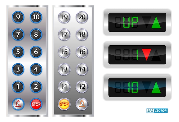 벡터 크롬 금속 3d 렌더를 사용한 현실적인 엘리베이터 버튼 세트