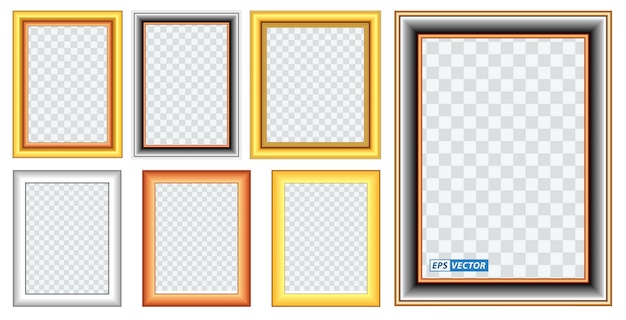 벡터 현실적인 골드 프레임 템플릿 격리 또는 골드 나무 프레임 복고풍 스타일 또는 빈티지 골드 사진 세트