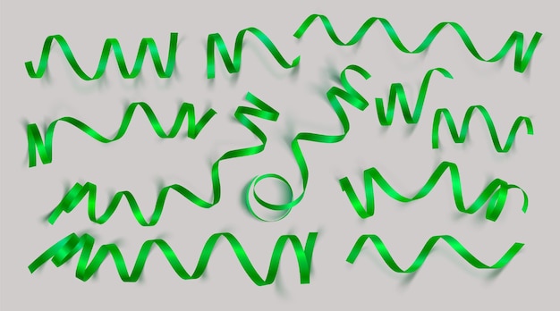 灰色の背景にリアルな緑のリボンのセットベクトル図