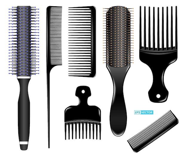 Набор реалистичных расчесок, изолированных или расчесок с радиальной щеткой для горячей завивки или инструментов для парикмахерских
