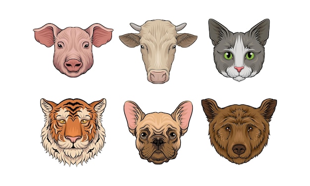 Вектор Набор реалистичных голов свиней, коров, кошек, тигров, собак, медведей