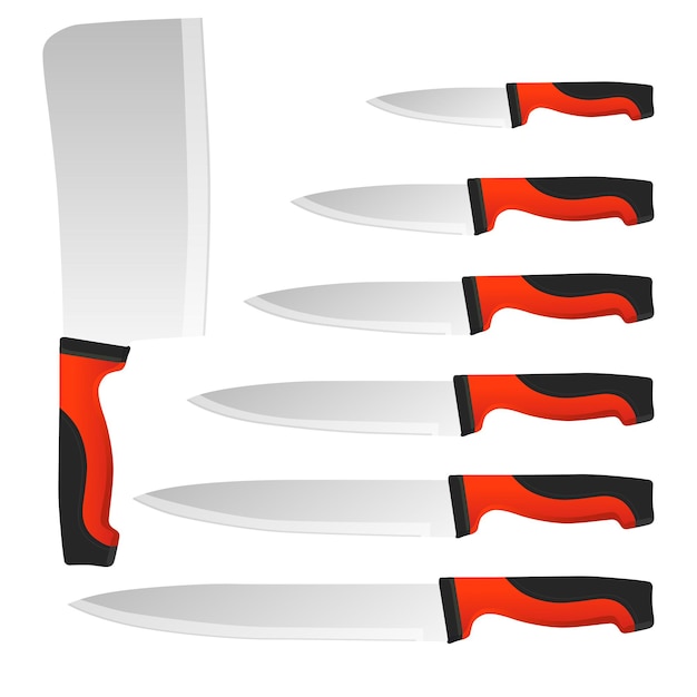 Вектор Набор реалистичных кухонных ножей, изолированных на белом, векторная иллюстрация, ножи шеф-повара, набор столовых приборов