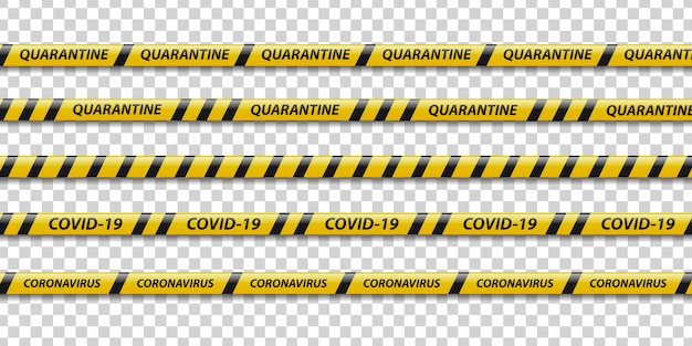 Набор реалистичных карантинных лент с желтыми и черными полосами для украшения на прозрачном фоне. концепция предосторожности при пандемии.