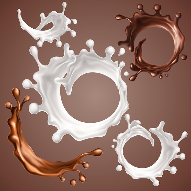 ベクトル リアルなスプラッシュとミルクの滴と溶けたチョコレートのダイナミックサークルスプラッシュの渦巻きのセット