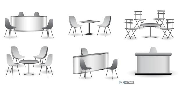 Вектор Набор реалистичных торговых выставочных стульев и столов или белых пустых выставочных киосков или стендов
