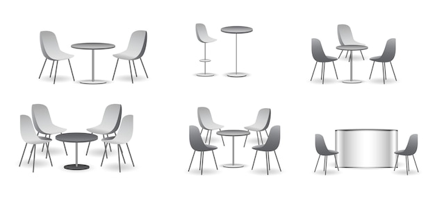 Вектор Набор реалистичных выставочных стульев и столов или белый пустой выставочный киоск или стенд