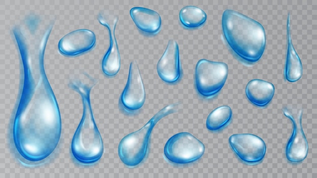 Вектор Набор реалистичных полупрозрачных капель воды светло-голубого цвета различной формы и размера.
