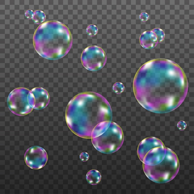 Вектор Набор реалистичных прозрачных красочных мыльных пузырей